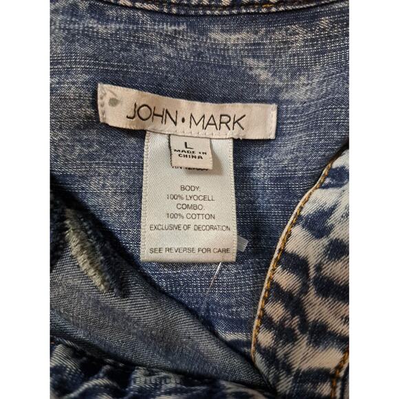 John Mark Chambray Shirt Dress Sz L Adjustable Sleeves Embroidered Plaid Patches - Picture 6 of 6